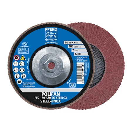 Pferd 7" x 5/8-11 Thd. POLIFAN Flap Disc - A SG STEELOX, Aluminum oxide, 80 Grit, Conical 62310